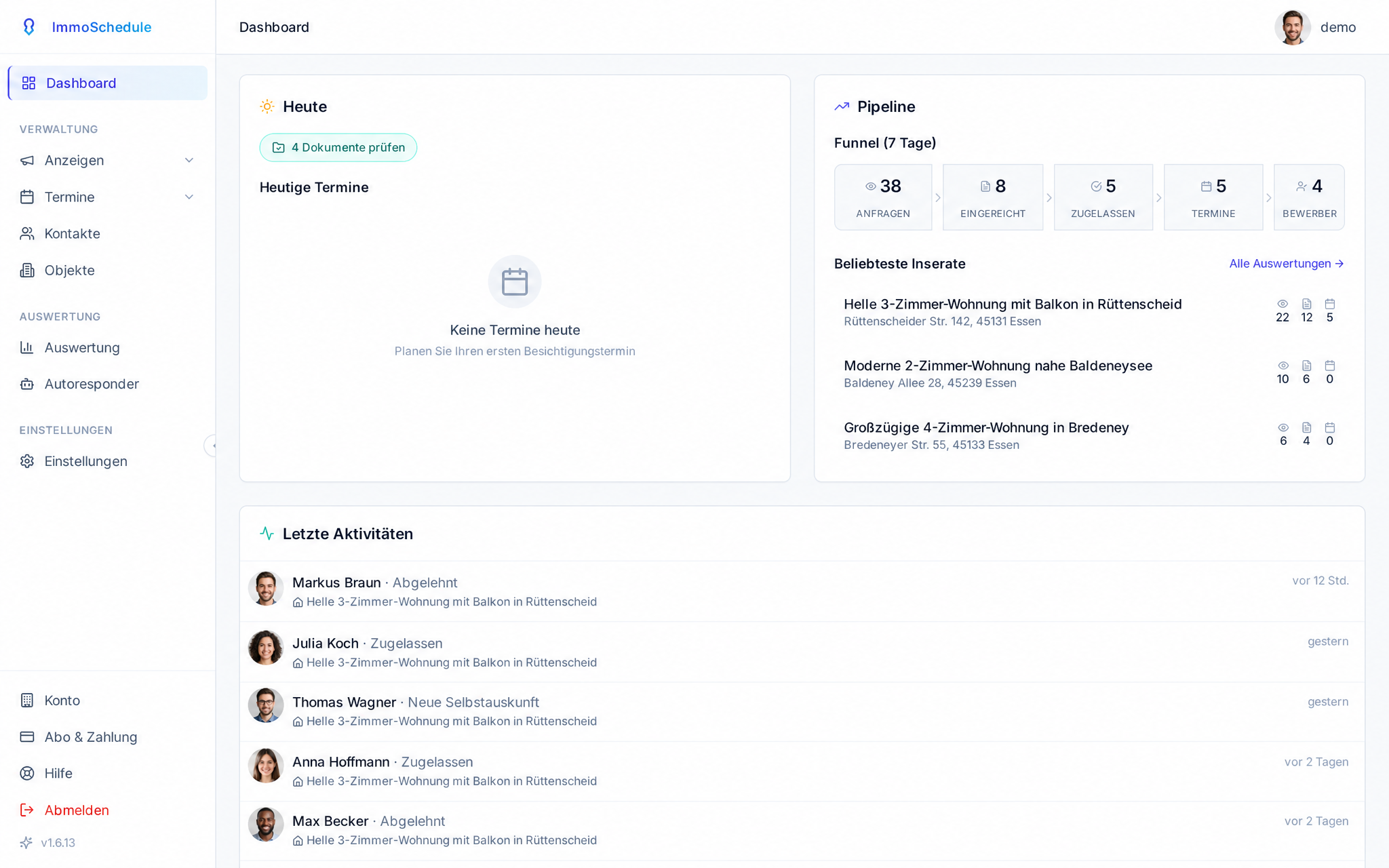 ImmoSchedule Dashboard mit Anfragen-Pipeline, Terminen und Aktivitäten