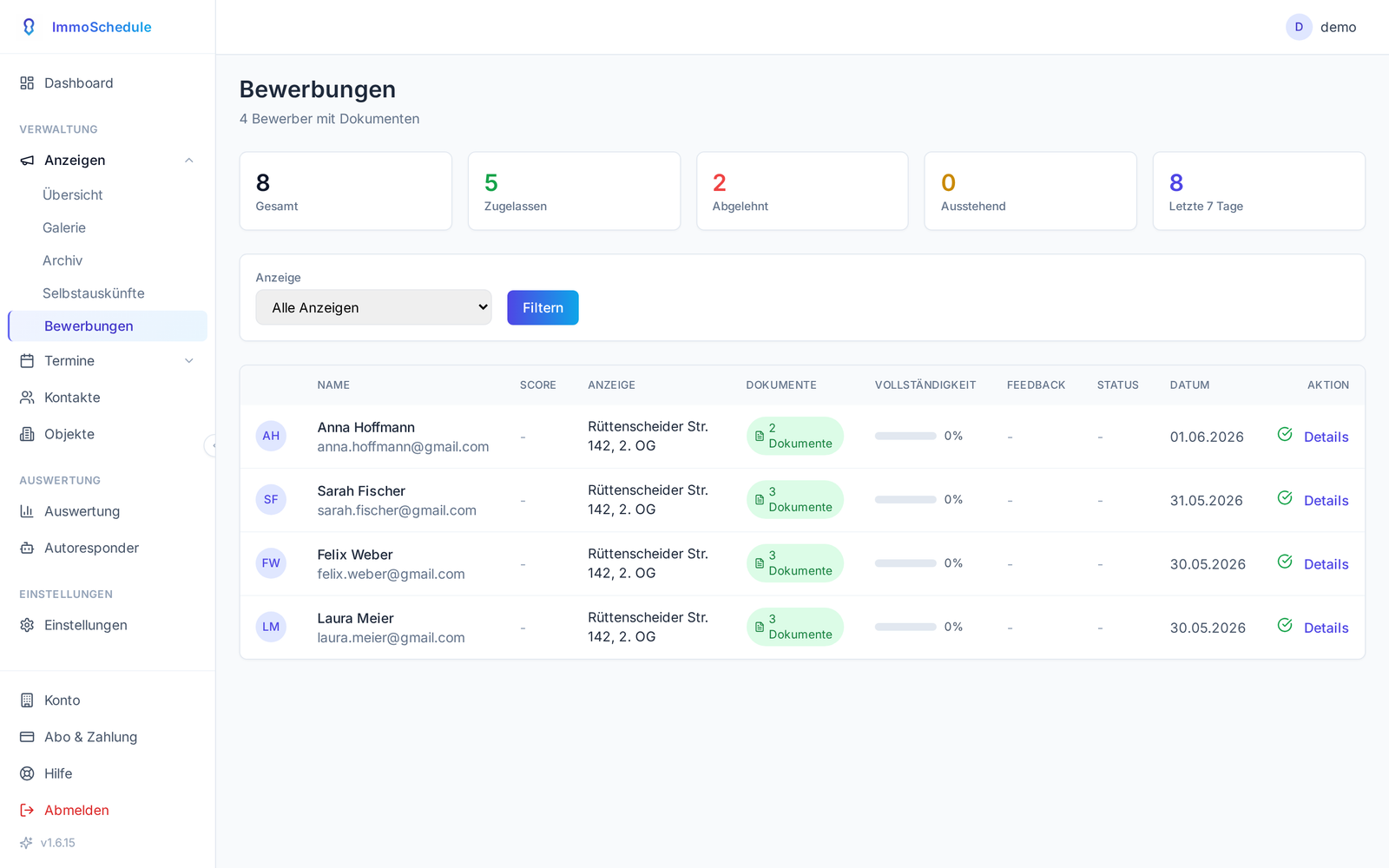 Bewerbungs-Übersicht mit Dokumenten, Vollständigkeit und Status je Bewerber