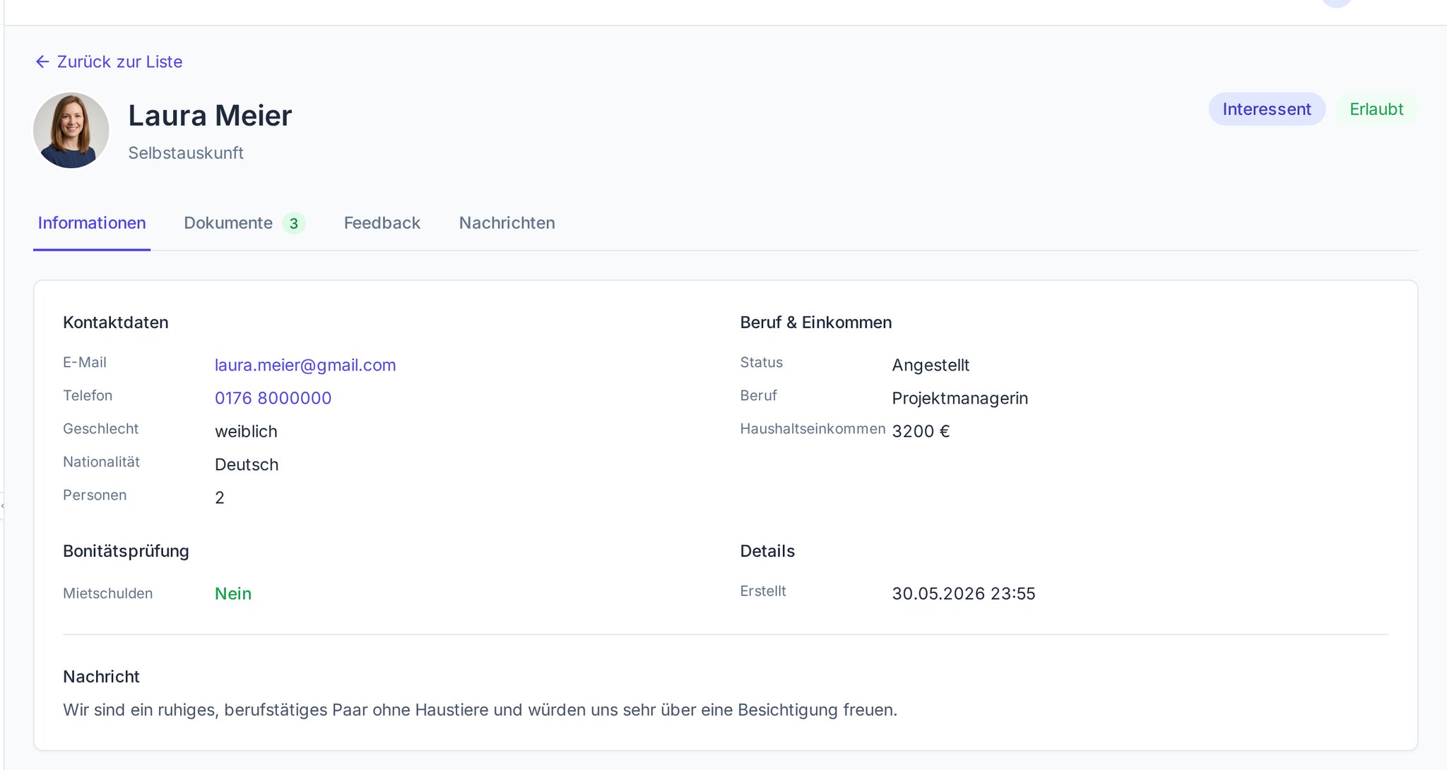 Detail-Ansicht einer Selbstauskunft mit Kontaktdaten, Einkommen und Bonität
