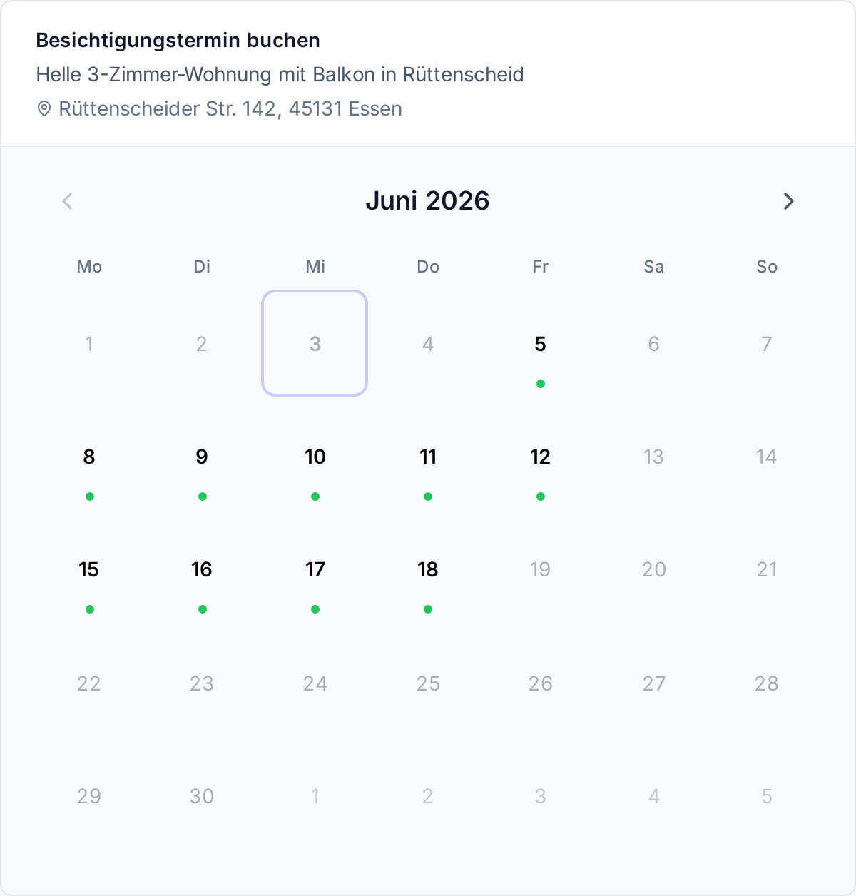 Screenshot: Buchungskalender aus Mietersicht mit frei wählbaren Besichtigungstagen